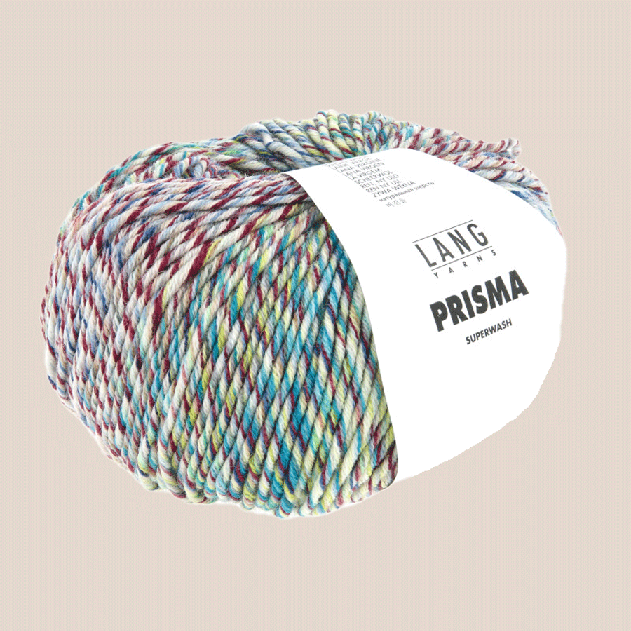 Lang Yarns Prisma farve 01. farveskiftende merinould. Strikkefasthed 17 masker, løbelængde 90 meter. pind 4,5 - 5,5 mm.