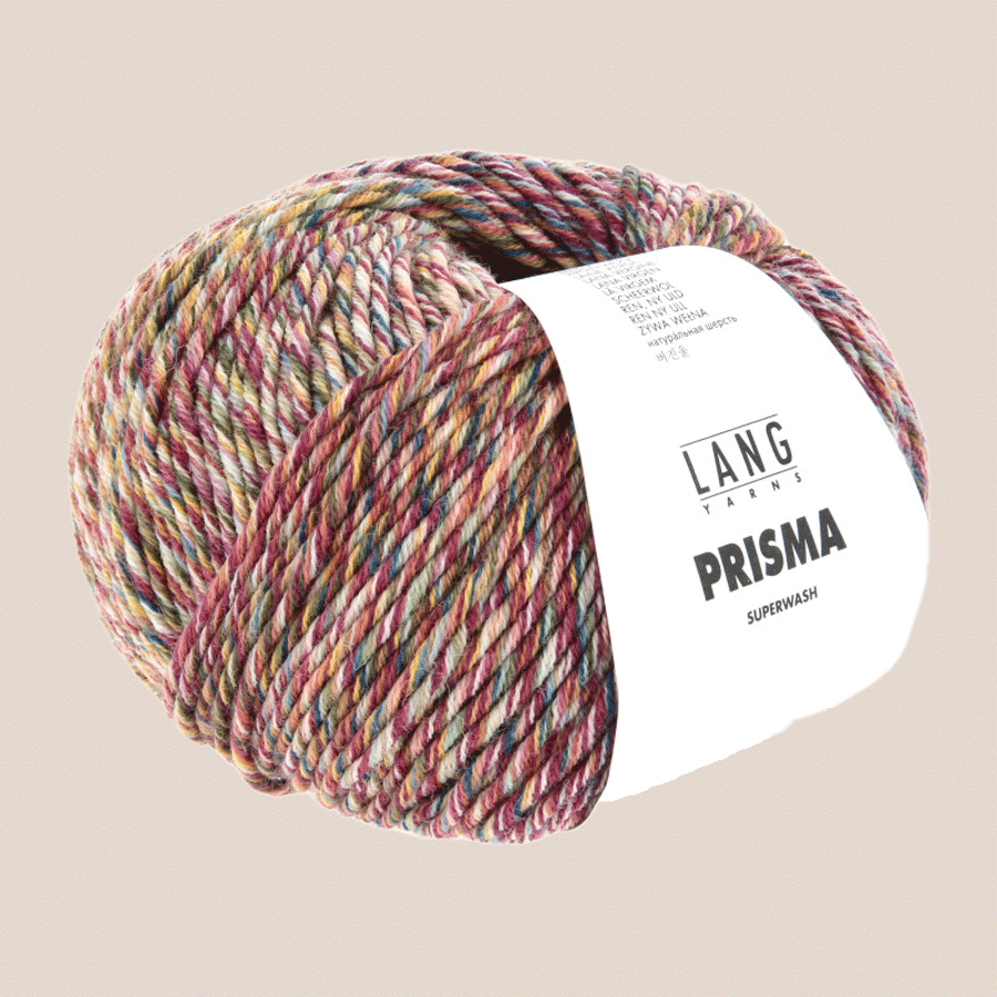 Lang Yarns Prisma farve 05. farveskiftende merinould. Strikkefasthed 17 masker, løbelængde 90 meter. pind 4,5 - 5,5 mm.
